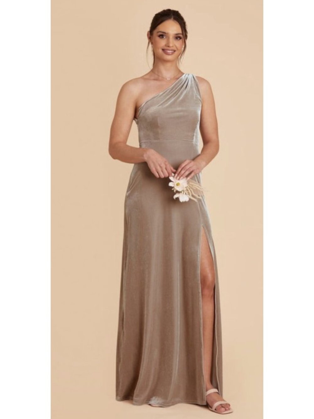 BIRDY GREY Kira One Shoulder Velvet Bridesmaid Dress in Taupe Large